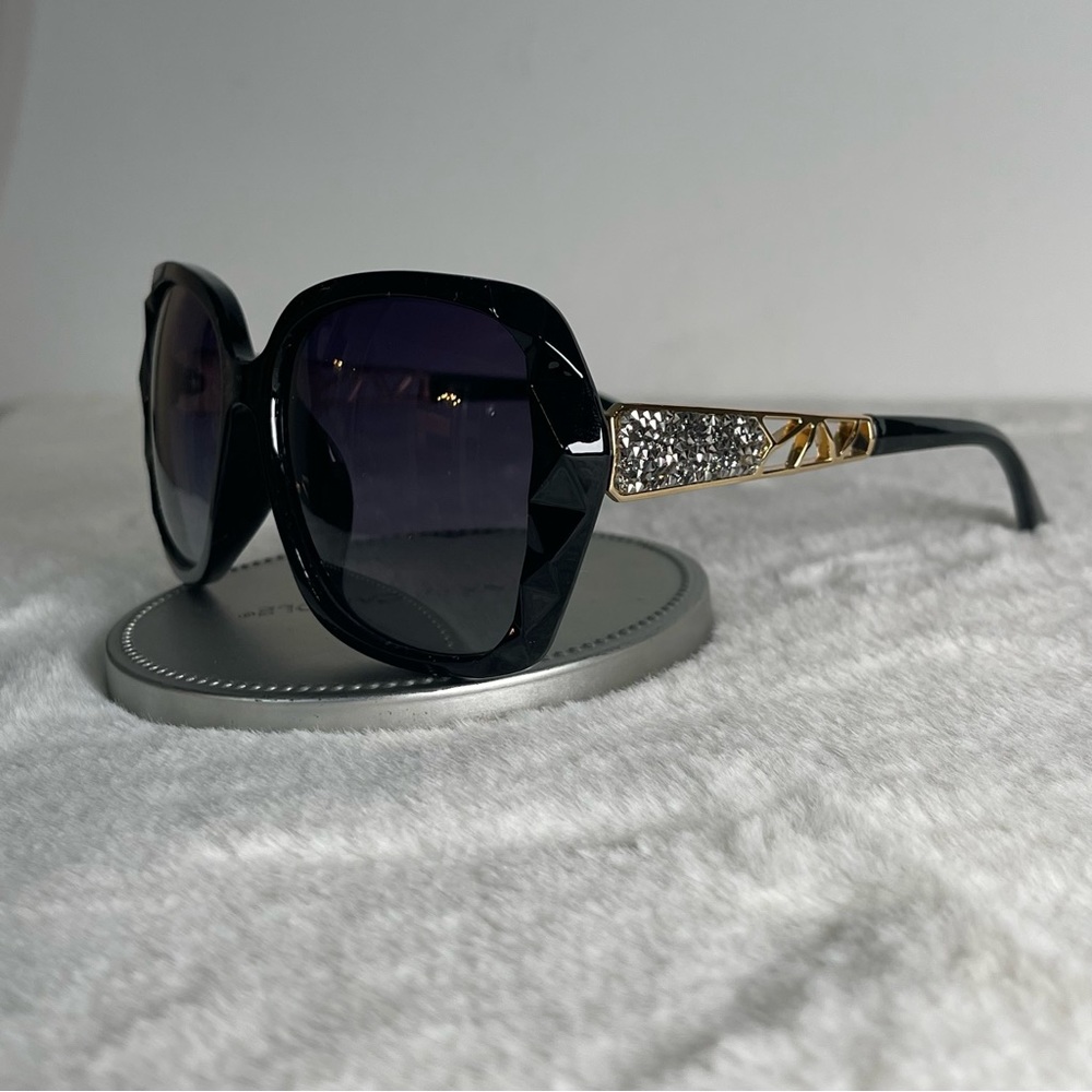 Black & Gold Oversized Square Sunglasses Polarized Tinted w Crystal Frames NWT - Picture 9 of 15